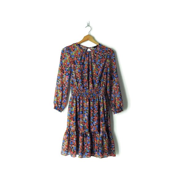 J. Crew Glendale chiffon Dress Watercolor Floral Cinched Smocked Waist XXS - Picture 3 of 11